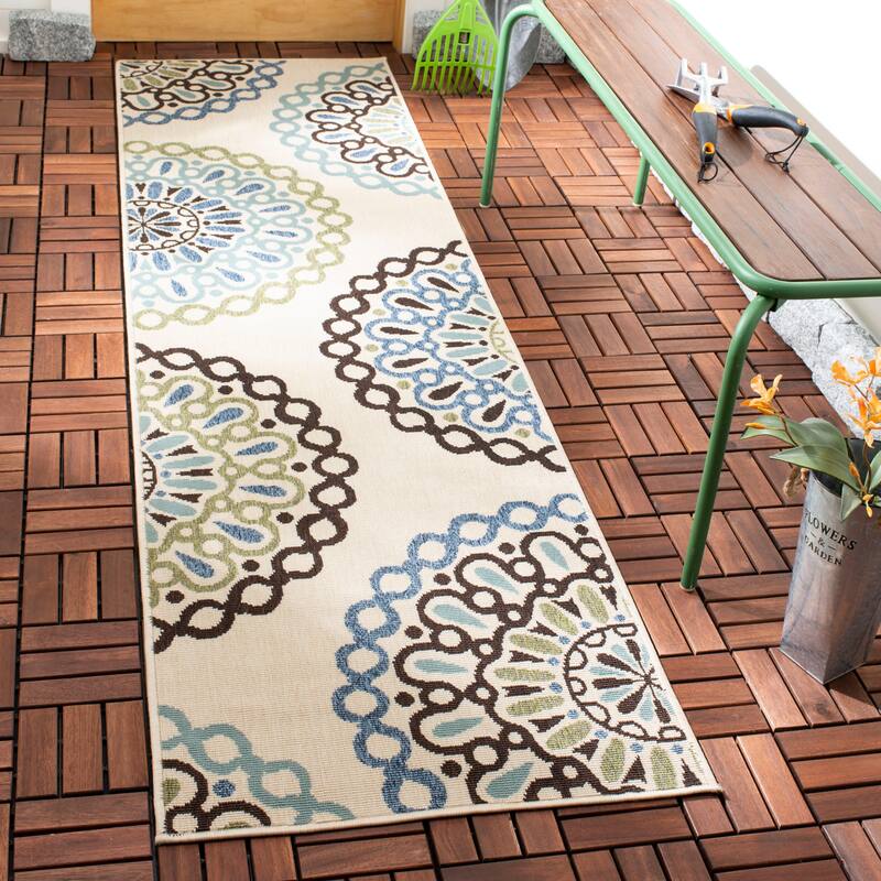 SAFAVIEH Veranda Felizitas Geometric Medallion Indoor/Outdoor Area Rug - 2'3" x 12' Runner - Cream/Blue