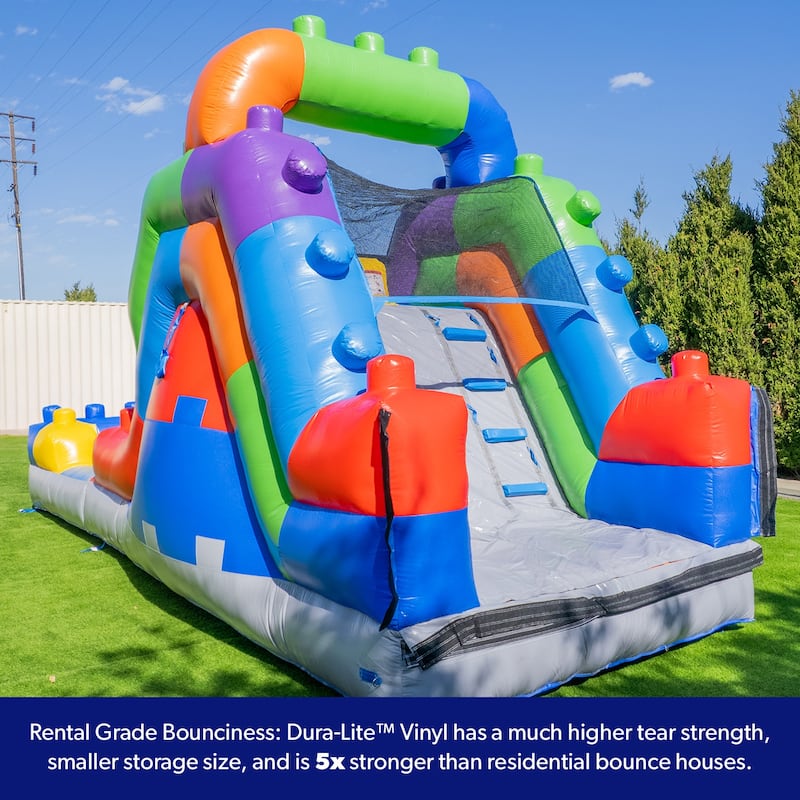 HeroKiddo 12 FT Block Party Dual Lane Backload Inflatable Water Slide with Attached Pool & Air Blower, Commercial Grade, Outdoor