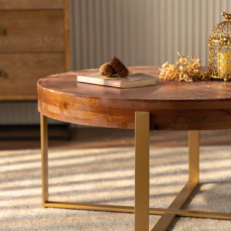 33.86" Modern Round Coffee Table Metal & Wood Splicing Round Coffee Table,Fir Wood Table Top With Gold Cross Legs Base