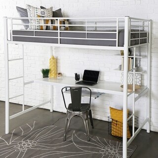 Walker Edison Abner Twin Metal Loft Bed with Desk - White