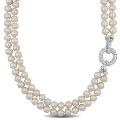 Miadora Freshwater Cultured Pearl Double String Necklace Sterling Silver Clasp (7-8mm)