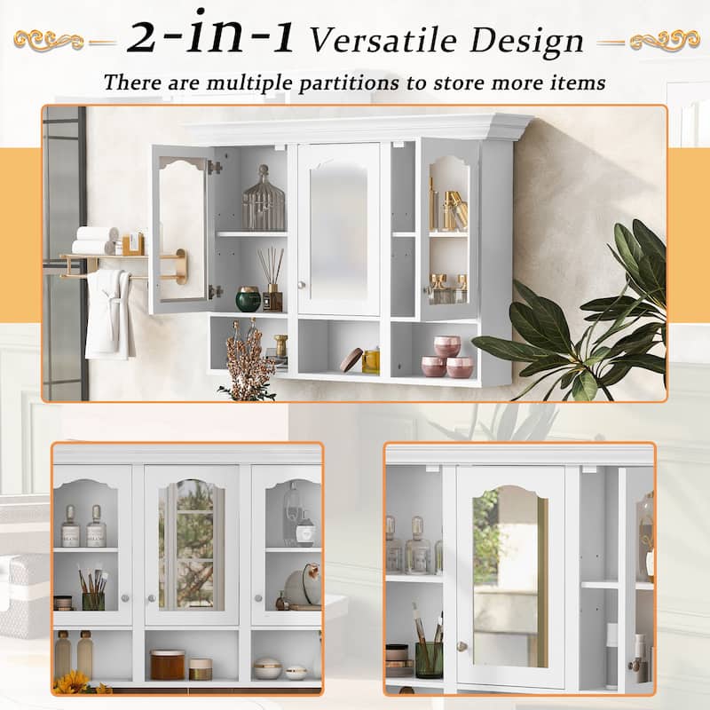 Roomfitters 47" Wall Cabinet with Mirror, 3 Adjustable Shelves and Open Compartments, Over Toilet Bathroom Storage, White