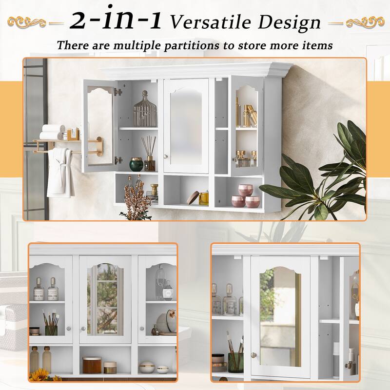 Wall Mounted Bathroom Mirror Cabinet Storage Medicine Cabinet with 3 Open Compartments, Adjustable Shelves and Glass Doors