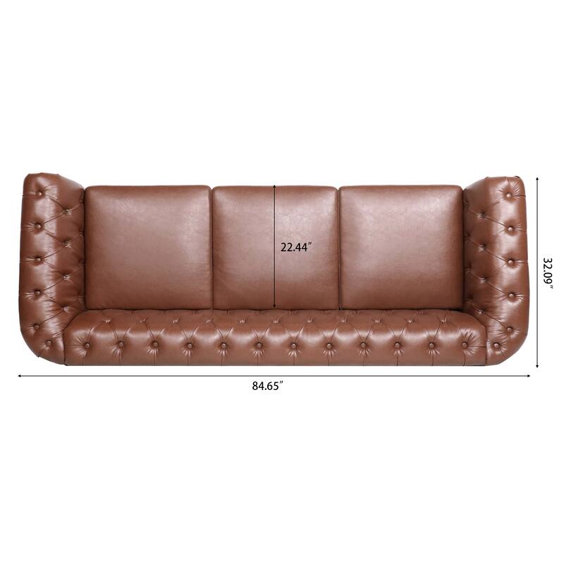 84.65" PU Chesterfield Sofa with Pocket Springs, Birch Legs, Comfortable 3-Seater