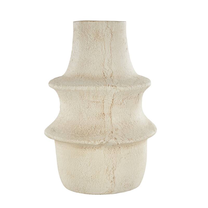Cream Paper Mache Fluted Decorative Vase with Brown Distressed Texturing and Ring Handle