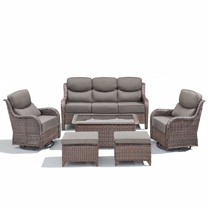 Arcadia 6-Piece Wicker Patio Conversation Set with Swivel Gliders and 6-Inch Thick Olefin Cushions