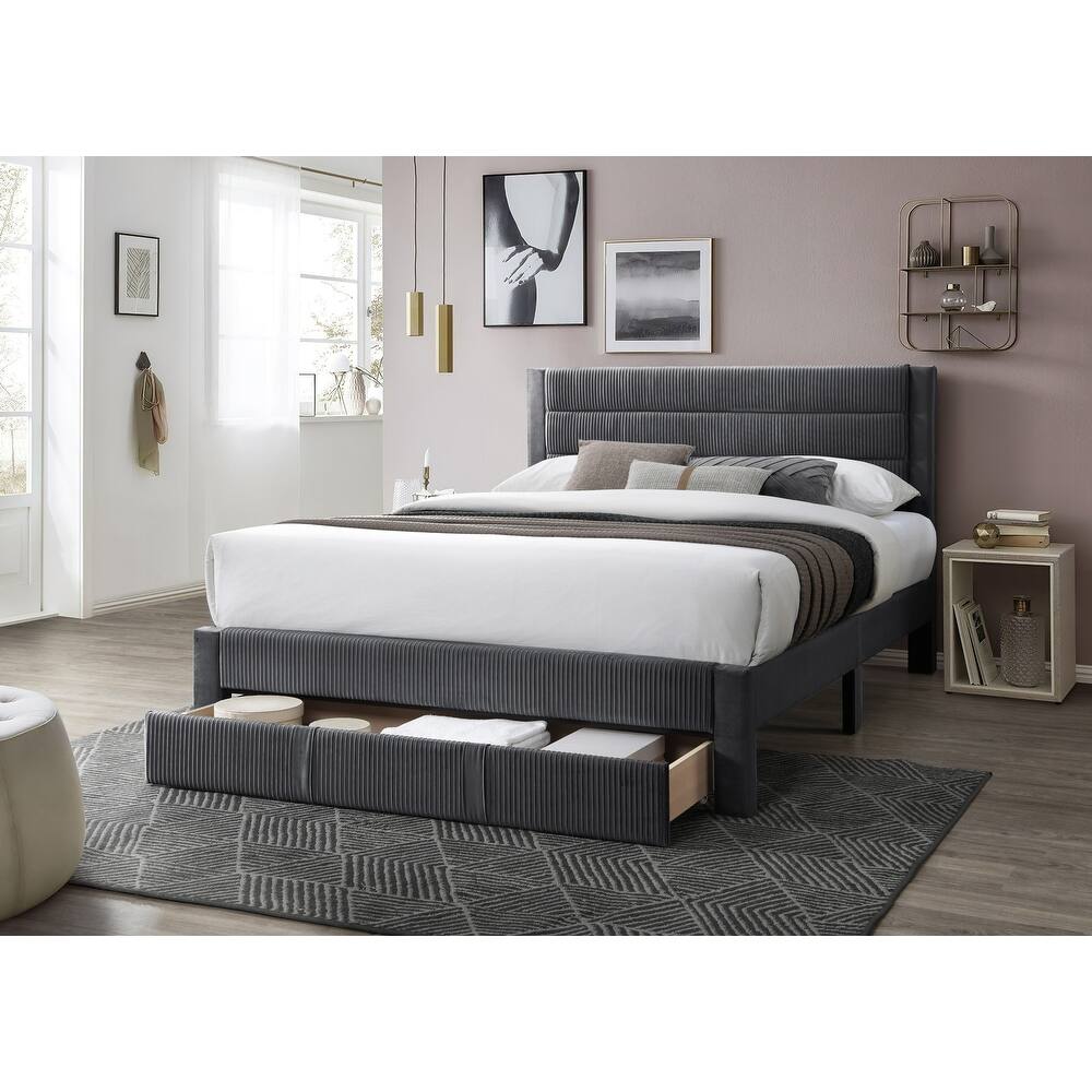 Queen Size Corduroy Platform Bed with Storage Drawer and Channel-Tufted Headboard and Contemporary Design