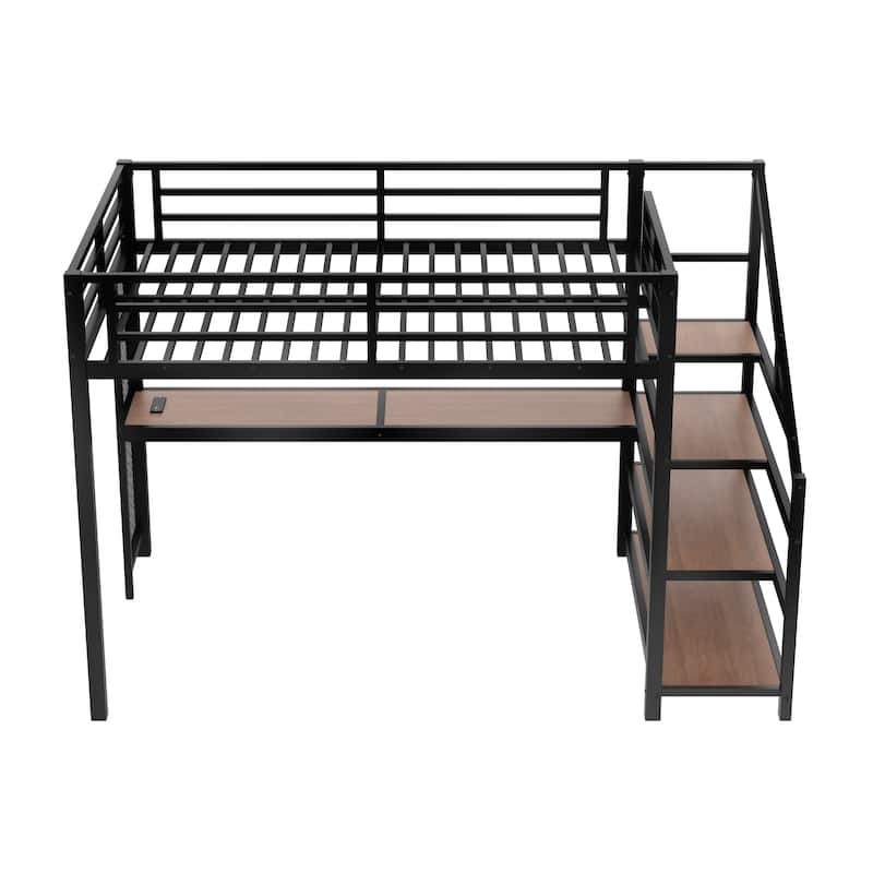 Full Loft Bed with Desk and Storage Stairs, Metal Loft Beds with LED Lights, USB Ports, Multifunctional Iron Nets