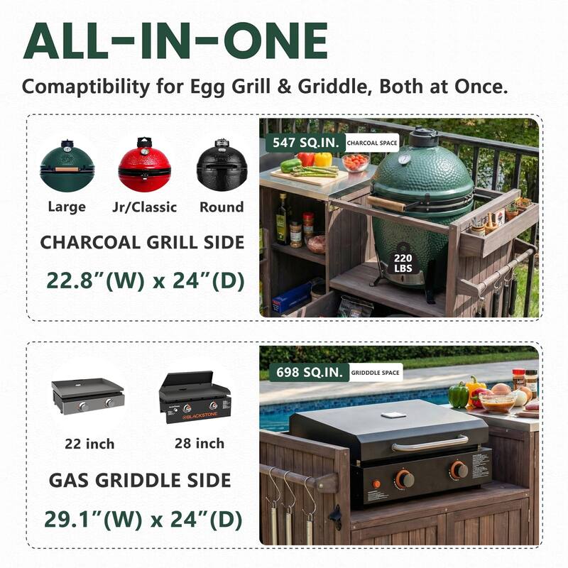 80.5" Solid Wood Outdoor Kitchen Island with Stainless Steel Top, Grill Cart Compatible with Big Green Egg & Blackstone