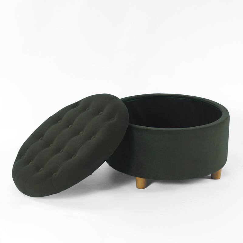 Jo Storage Ottoman, 28 Inch Round Tufted Lift Top, Olive Green Velvet