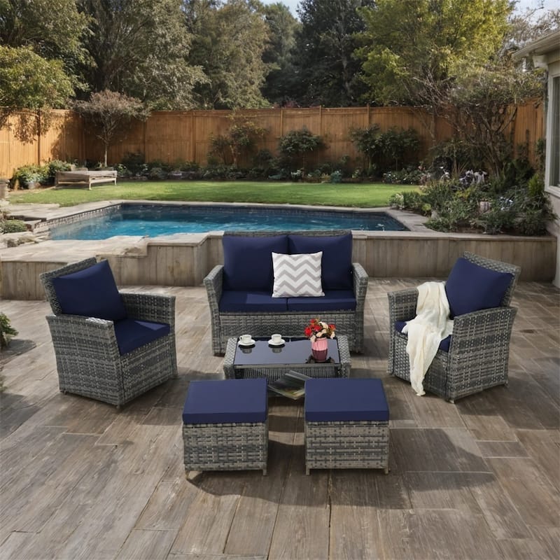 6 PCS Wicker Patio Furniture Sets with Ottoman & Tempered Glass Table - N/A