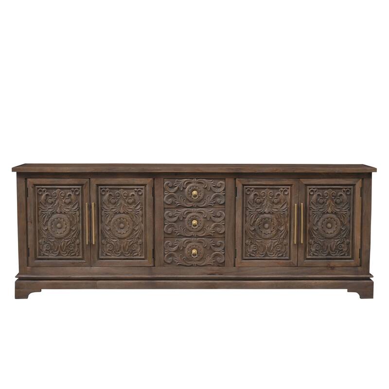 HomeRoots 106" Brown Distressed Solid Wood Carved Floral Three Drawer Sideboard with Four Doors