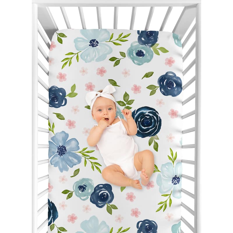 Navy Blue and Pink Watercolor Floral Girl Fitted Crib Sheet - Blush, Green and White Shabby Chic Rose Flower