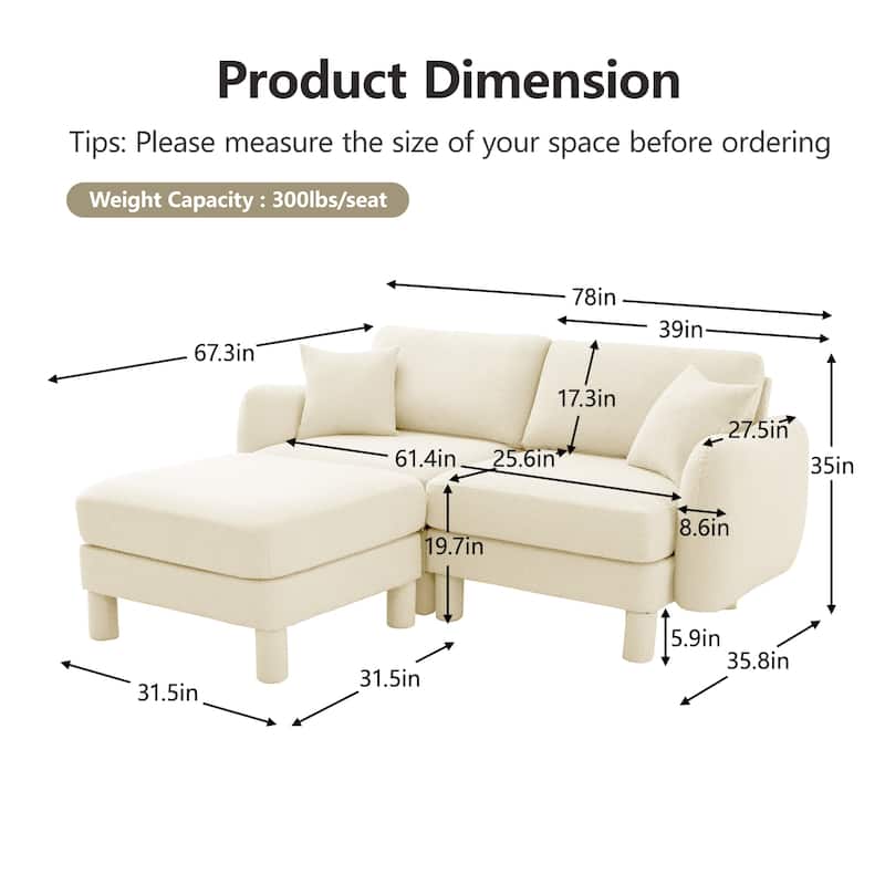 Loveseat Sofa, 78" 2-Seater Upholstered Couch Modern Sectional Couches with Shell-shaped Armrests for Living Room