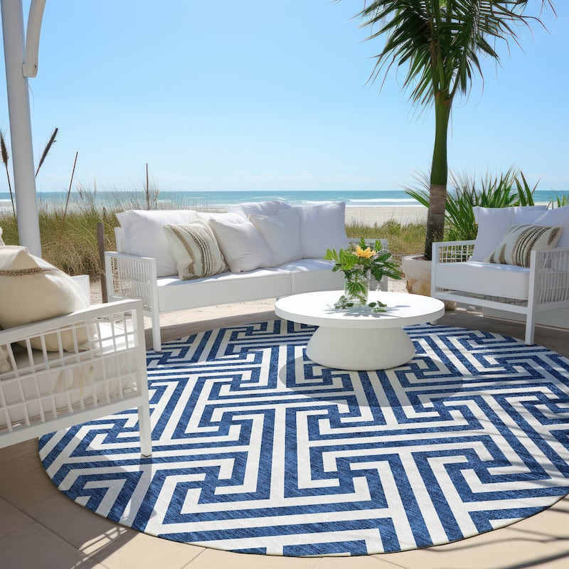 Machine Washable Indoor/ Outdoor Chantille Modern Geo Rug - Blue - 8' x 8'