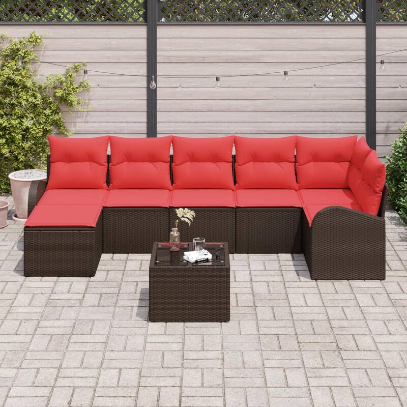 vidaXL 7/8 Garden Sofa Set with Cushions Black/Brown/Grey Poly Rattan - 113.8 x 48.8 x 27.2