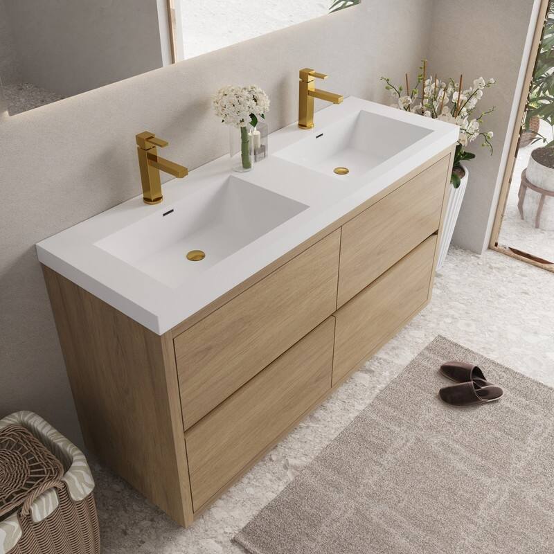 Abruzzo 60" Freestanding Vanity with Solid Surface Countertop Dual Sinks 4 Soft-Close Drawers