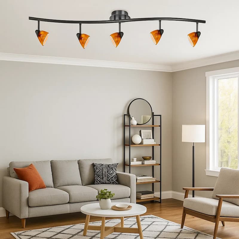 5 Light 120V Metal Track Light Fixture with Glass Shade, Black and Orange