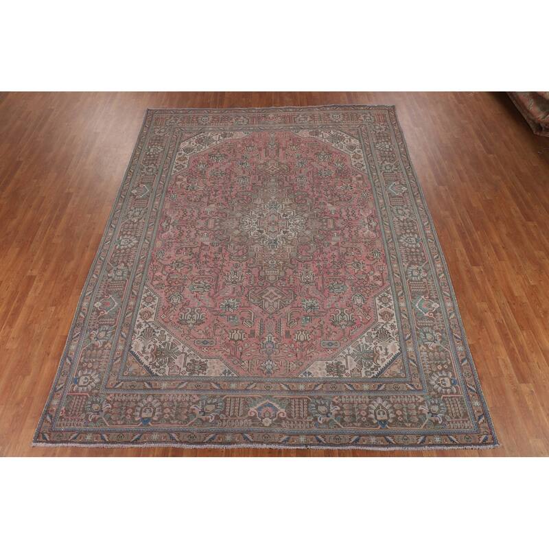 Pink Geometric Tabriz Persian Vintage Rug Hand-Knotted Wool Carpet - 9'6"x 12'4"
