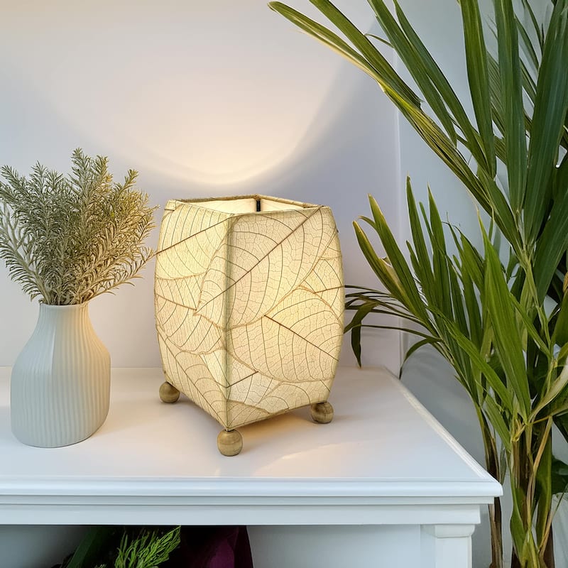 Handmade Mini Square Cocoa Leaf Table Lamp, Cocoa Leaves Shade, 6 x 6 x 9 in. - Natural