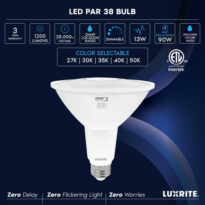 Luxrite PAR38 LED Flood Light Bulb 13W=90W 5CCT 1200 Lumens Dimmable Spotlight Bulb Damp Rated ETL Listed E26 (12 Pack)