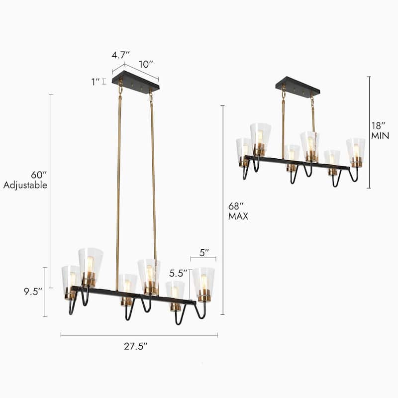 Ivelle Farmhouse 6-Light Black Gold Linear Chandelier Cone Glass Kitchen Island Pendant Lights - 27.5"L