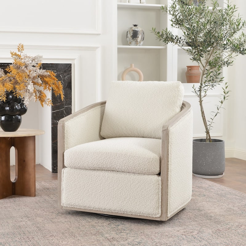 KINWELL 31"W Oak Frame Upholstered Swivel Barrel Armchair