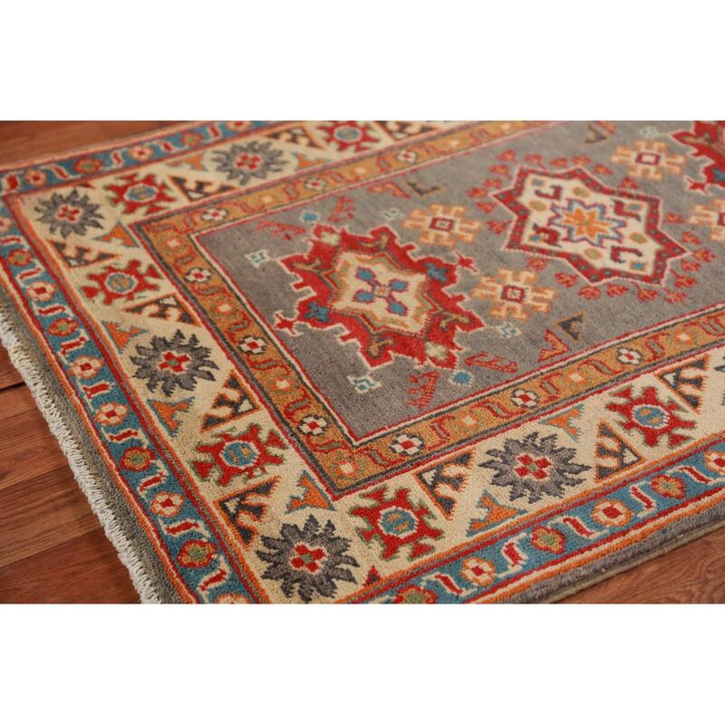 Geometric Grey Kazak Foyer Rug Hand-Knotted Oriental Wool Carpet - 2'8"x 4'0"