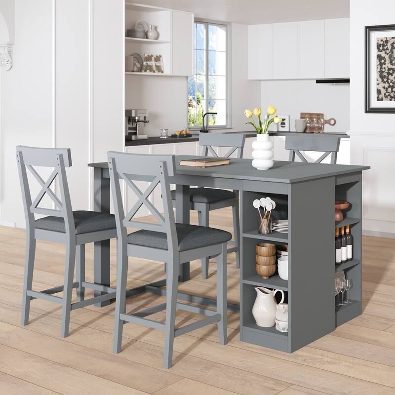 Solid Wood 5-Piece Counter Height Dining Table Set, 3-Tier Storage Shelves & Upholstered Cross-Back Chairs for 4, Farmhouse - Grey