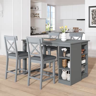 Solid Wood 5-Piece Farmhouse Dining Set with 3-Tier Side Storage, Cross Back Chairs, Counter Height Design for 4