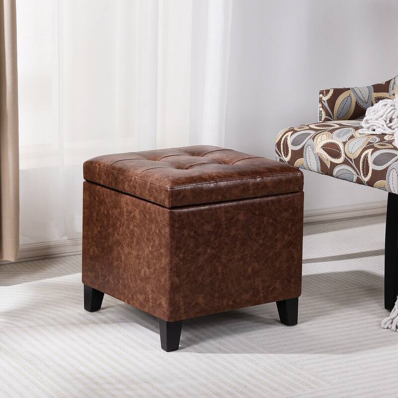 Adeco Bonded Leather Square Tufted Cubic Cube Storage Ottomans - Coffee-Faux-Leather