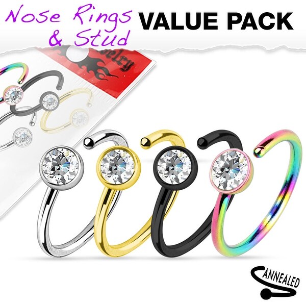 4 Pcs Value Pack of Assorted Titanium IP with Clear CZ 316L Surgical Steel Nose Ring