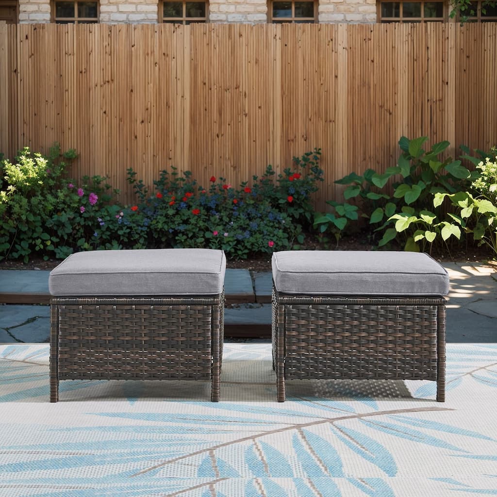Outdoor Patio Footstool Ottomans with Cushion Brown-Grey - Brown