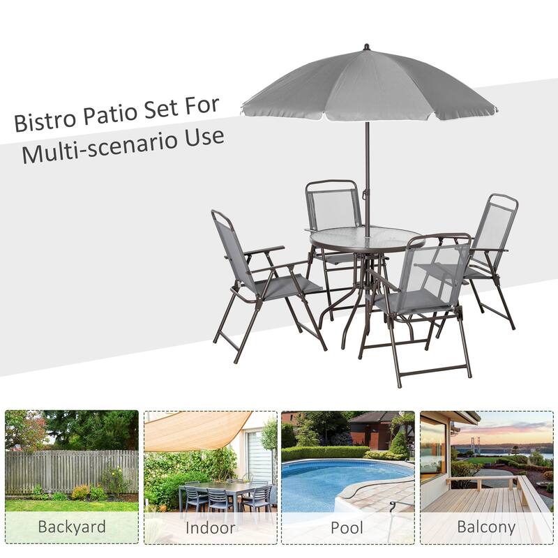 6-Piece Outdoor Dining Set with Folding Chairs, Round Tempered Glass Table and Full Patio Umbrella for Backyard, Garden