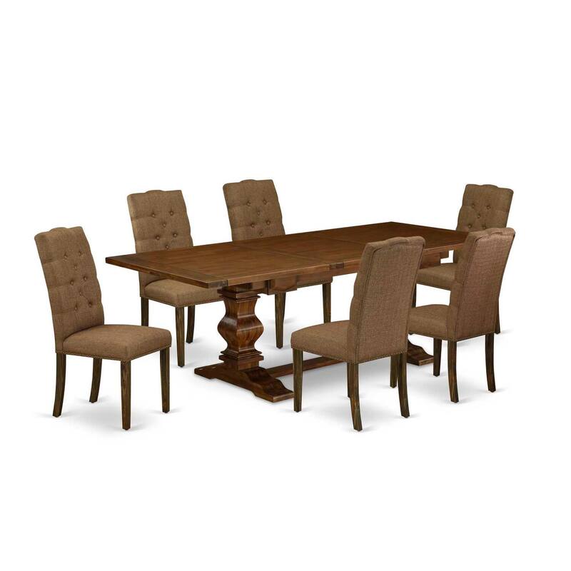 7-Piece Dining Set - Linen Fabric Chairs & Pedestal Table - Antique Walnut Finish - Kitchen Dining Room Set - 92