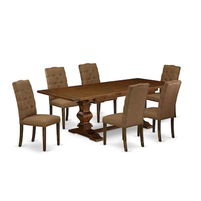7-Piece Dining Set - Linen Fabric Chairs & Pedestal Table - Antique Walnut Finish - Kitchen Dining Room Set - 92