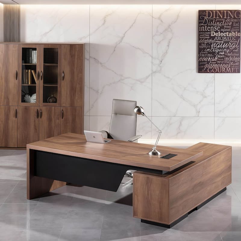 WESOME Retractable L-Shaped Executive Desk with Cable Management Drawers and Lateral File Cabinet