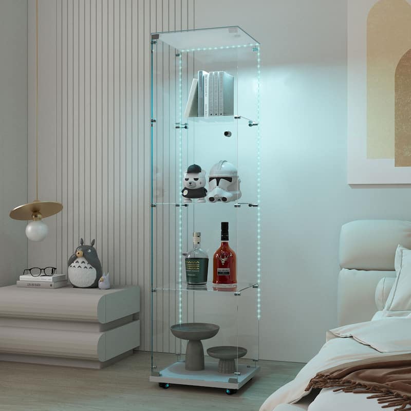 Tempered Glass Display Cabinet, Storage Cabinet, File Cabinet, Tempered Glass Top, Bluetooth LED Light Strip, with Door Lock