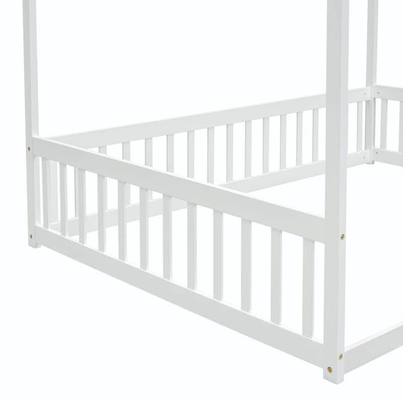 Canopy Frame Floor Bed with Fence and Guardrails