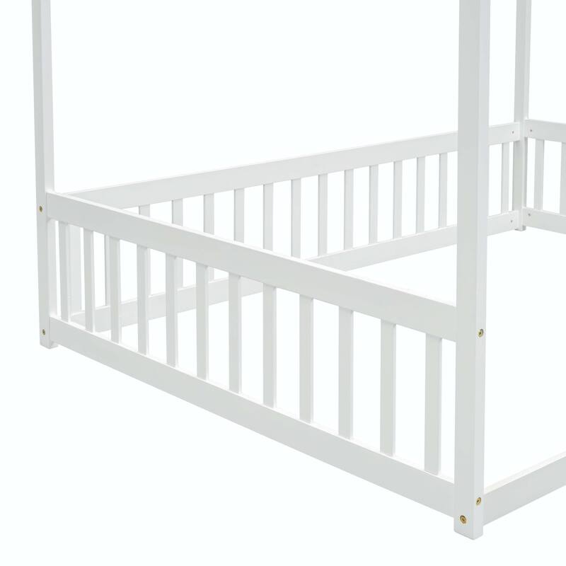 Full Size Canopy Frame Floor Bed with Fence