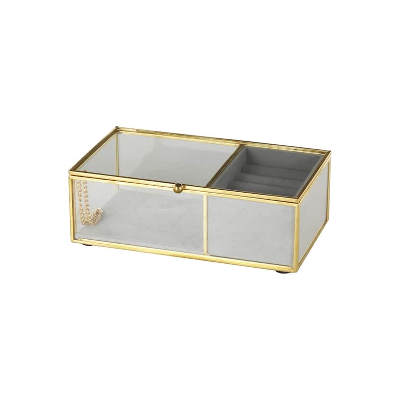 Glass Decorative Jewelry Box with Gold Metal Frame and Gray Fabric Interior with Ring Slots - Clear - Roche River Decor