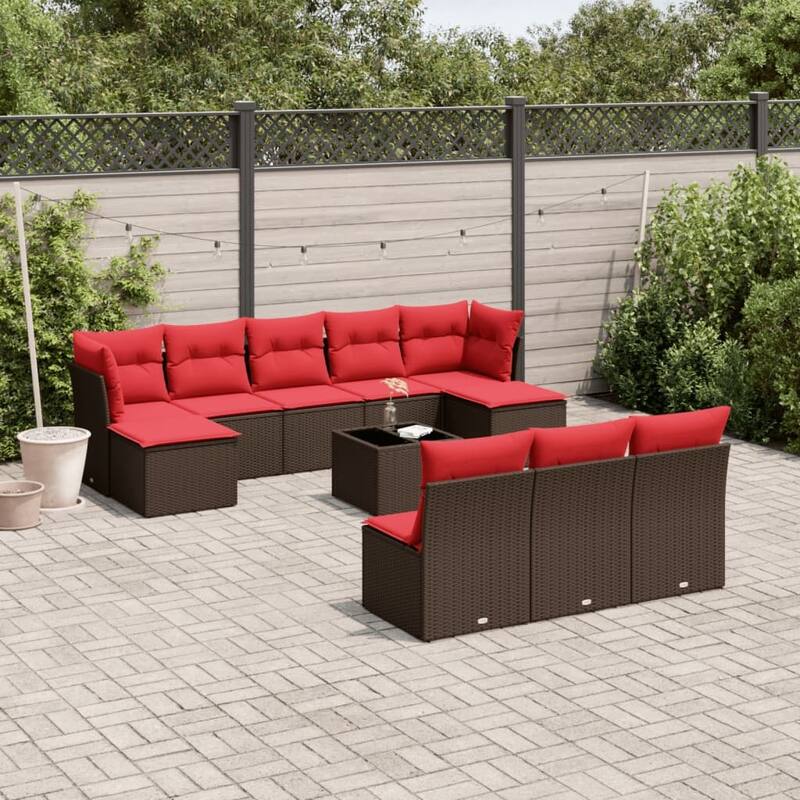 vidaXL 10/11 Piece Patio Sofa Set with Cushions Black/Brown/Gray Poly Rattan - 21.7 x 24.4 x 27.2