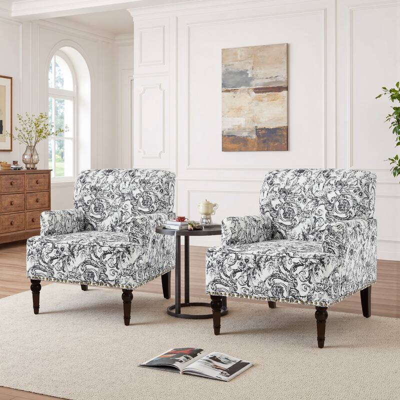 Set 2 Striped Upholstered Linen Armchair with Brass Nailhead Trim