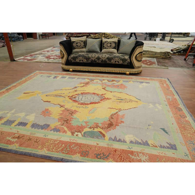 Vegetable Dye Wool Oushak Turkish Area Rug, Geometric Carpet - 12' 8'' X 10' 1''
