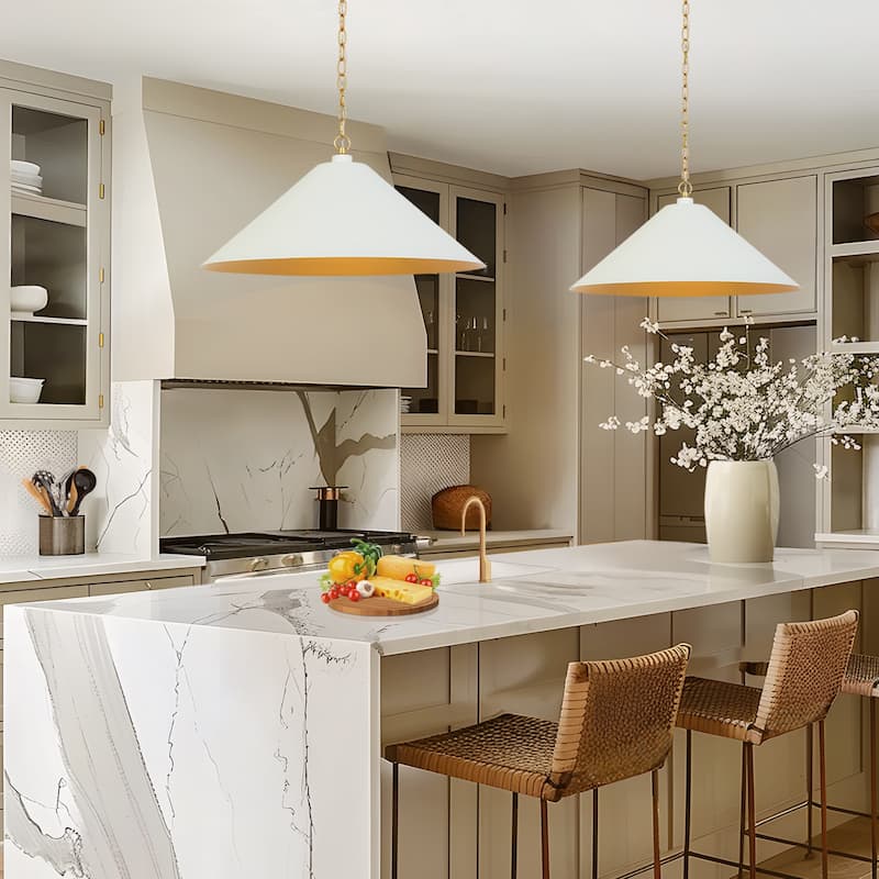 Modern Elegant 1-light large pendant light fixtures Matte White and Gold Cone chandeliers for kitchen dining room