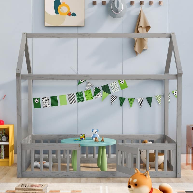 Twin/Full Size Wood Bed House Bed Frame with Fence and Door, Cabin Bed