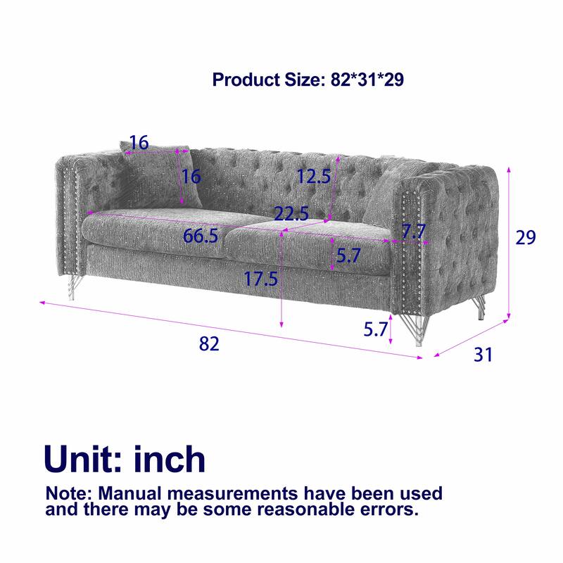 82-Inch Chesterfield-Style Chenille Sofa, Tufted Design with Nailhead Armrests and Metal Legs for Living Room