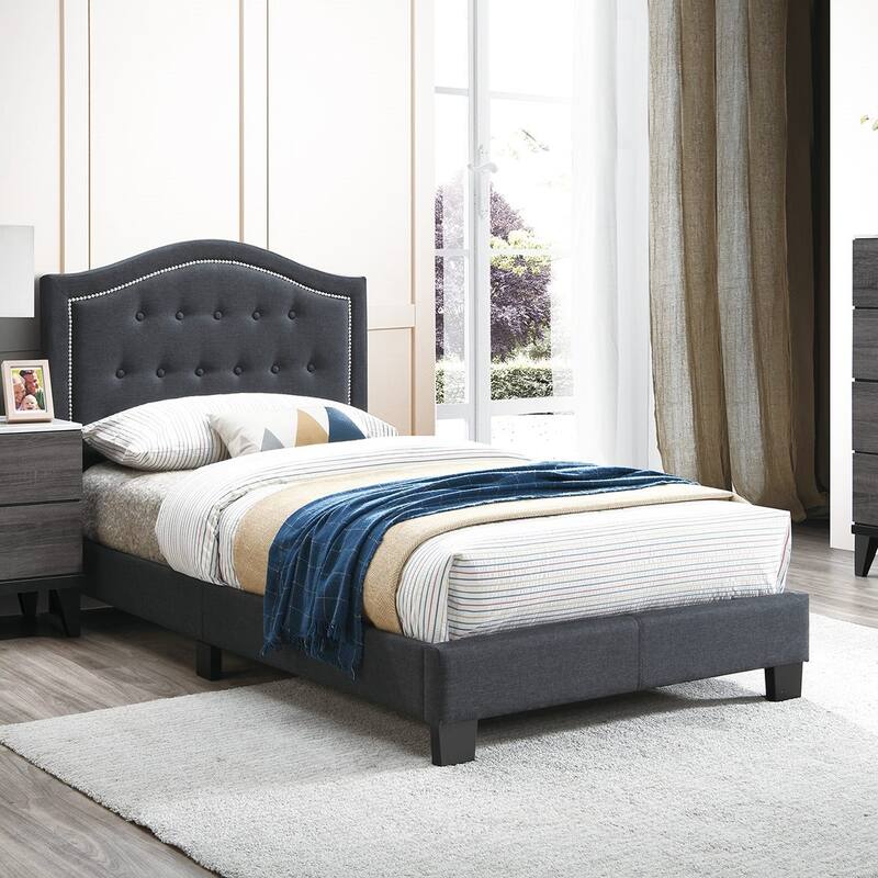 Poundex Platform Nailhead Trim Frame Twin Bed - Charcoal