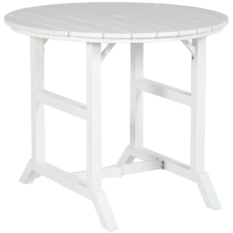 Outsunny Round Patio Table with Umbrella Hole, Outdoor Dining Table for 4 People, Aluminum Frame and Slatted HDPE Tabletop