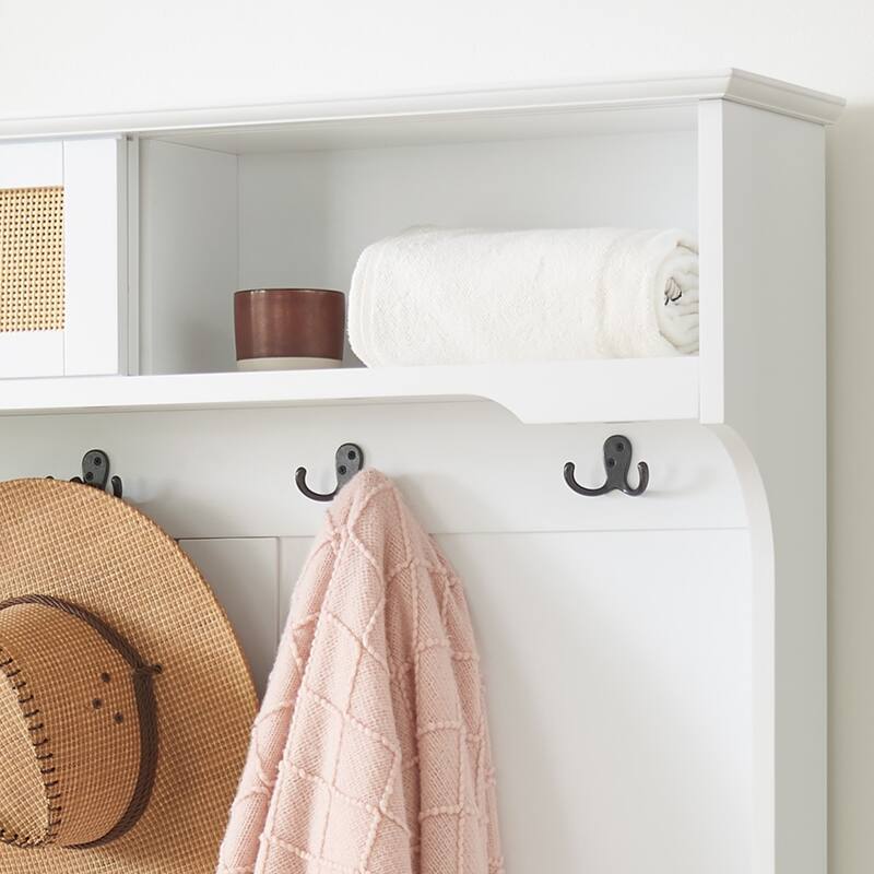 Hall Tree Storage Bench with Rattan Door, Shoe Bench with Adjustable Shelf